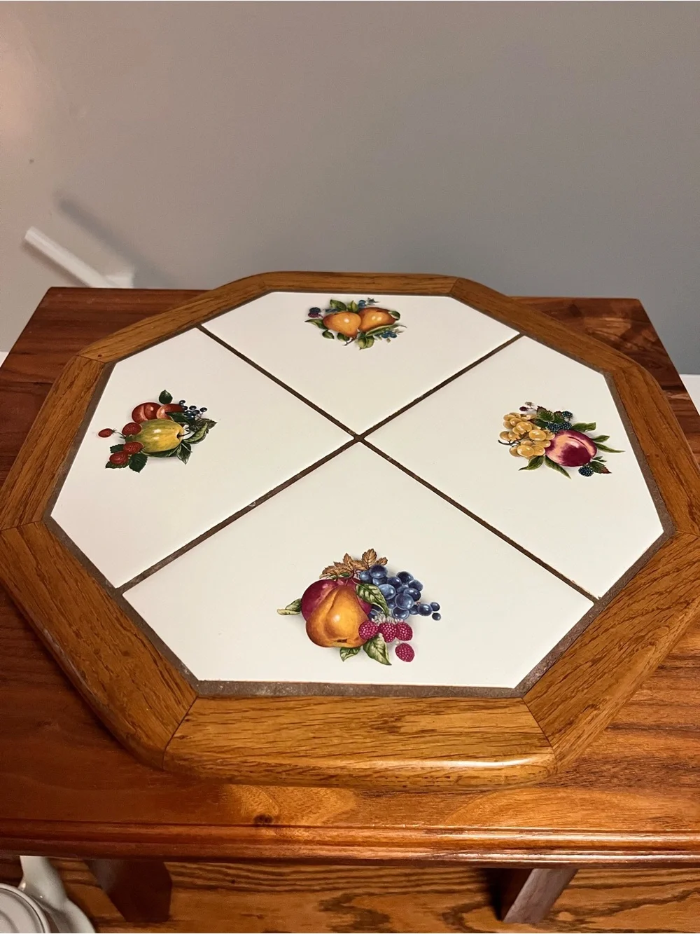 Octagonal Fruit Tile Lazy Susan Turntable - White and Wood